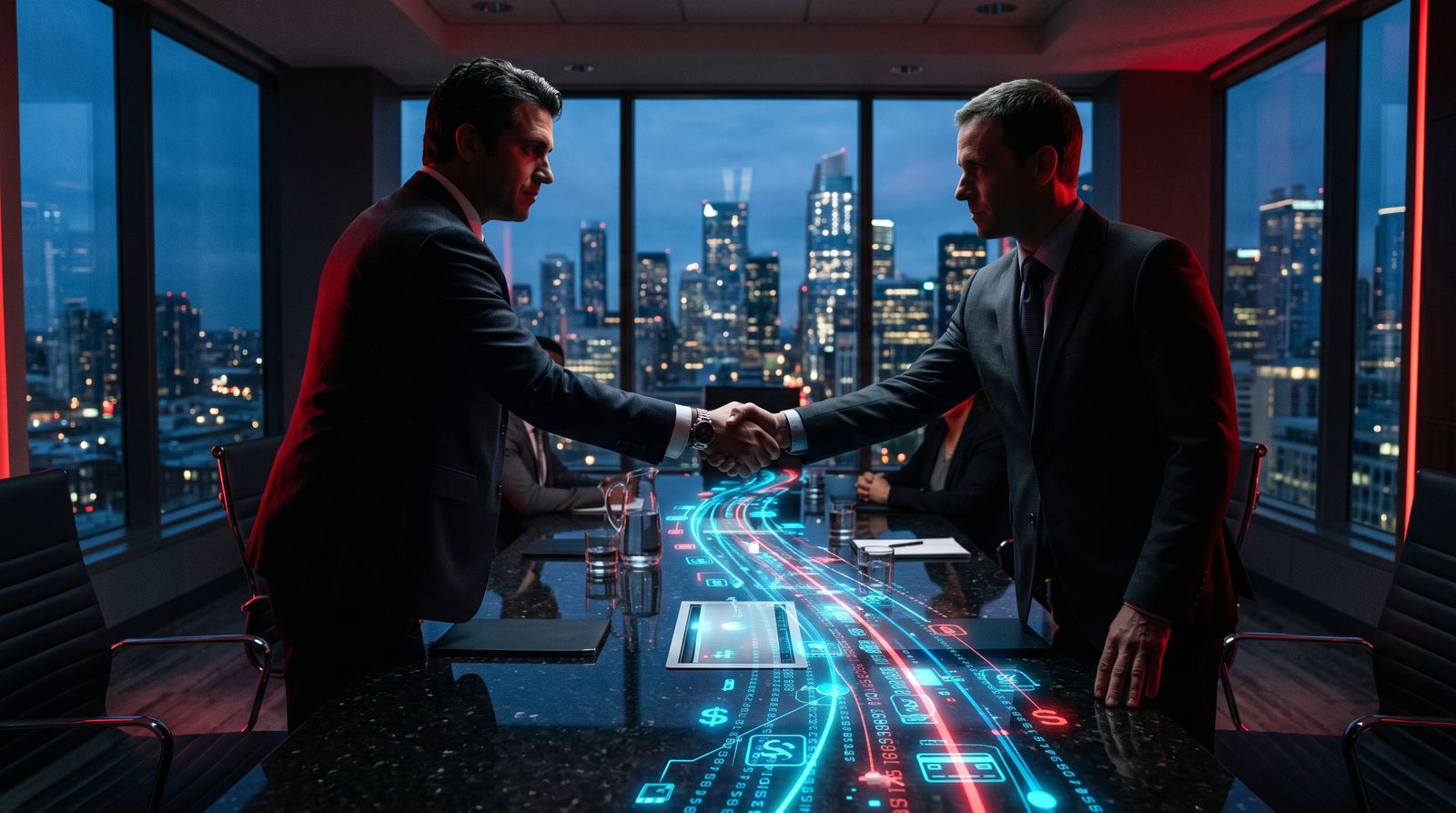 Two executives shake hands over a conference table with glowing digital payment streams between them