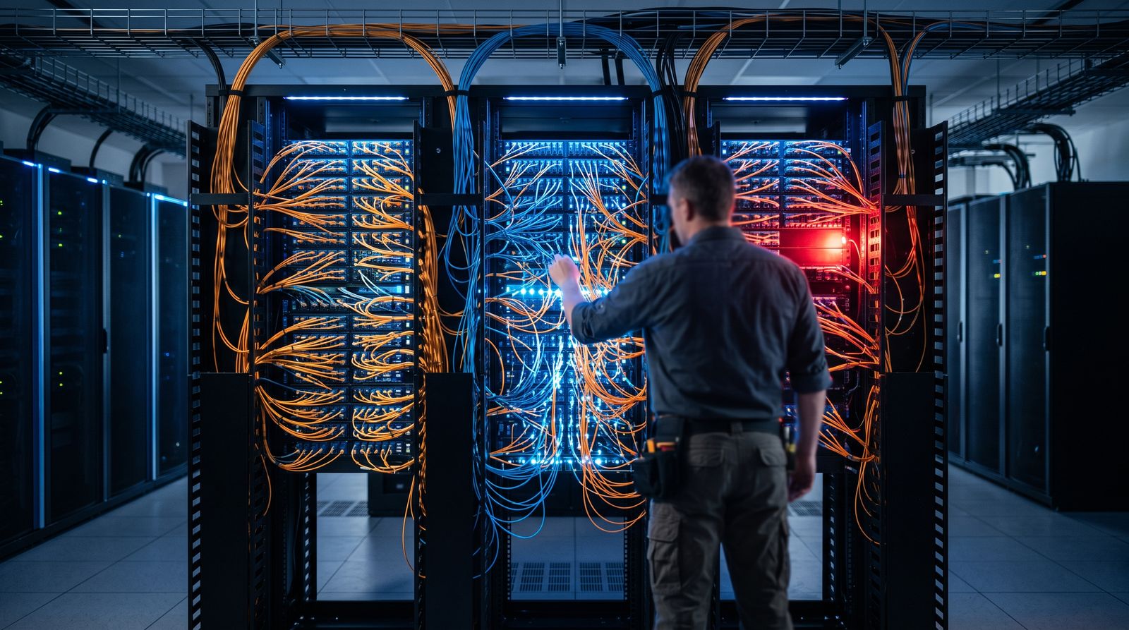 Fiber optic cables converging into a single routing junction in a data center