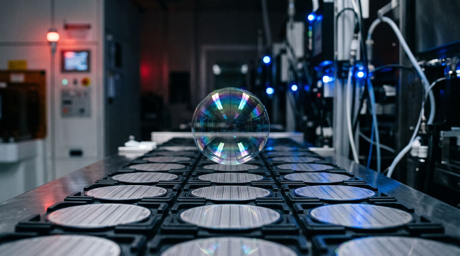 A single fragile iridescent bubble floating above rows of silicon semiconductor wafers in a cleanroom, with a faint red warning glow