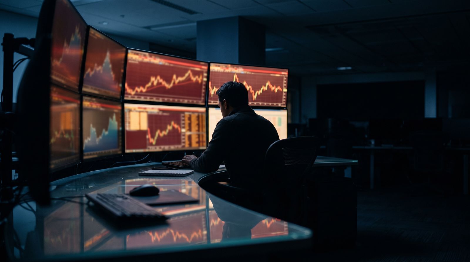 Anonymous bond trader seen from behind, silhouetted against a wall of glowing red monitors in a darkened trading room