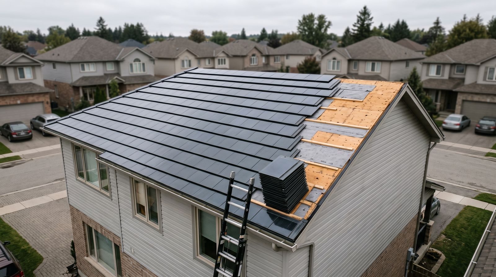 Suburban roof clad in dark glass solar tiles with one section stripped back to bare decking