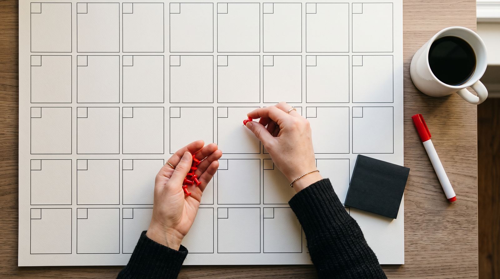 Hands planning on a large blank 13-week wall grid with a red marker