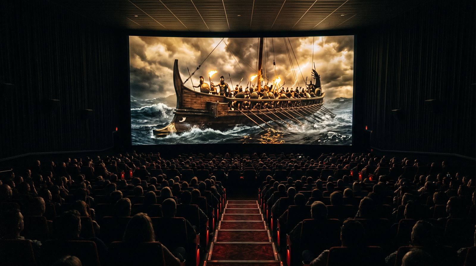Silhouetted audience in a packed premium cinema watching an epic ancient sea voyage on a giant screen