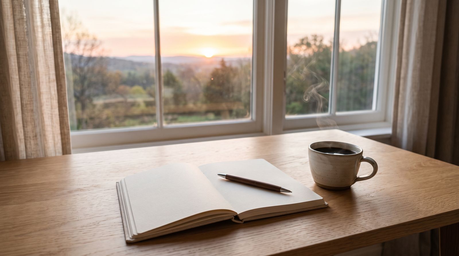 A clean desk at sunrise with a blank open notebook, pen, and coffee