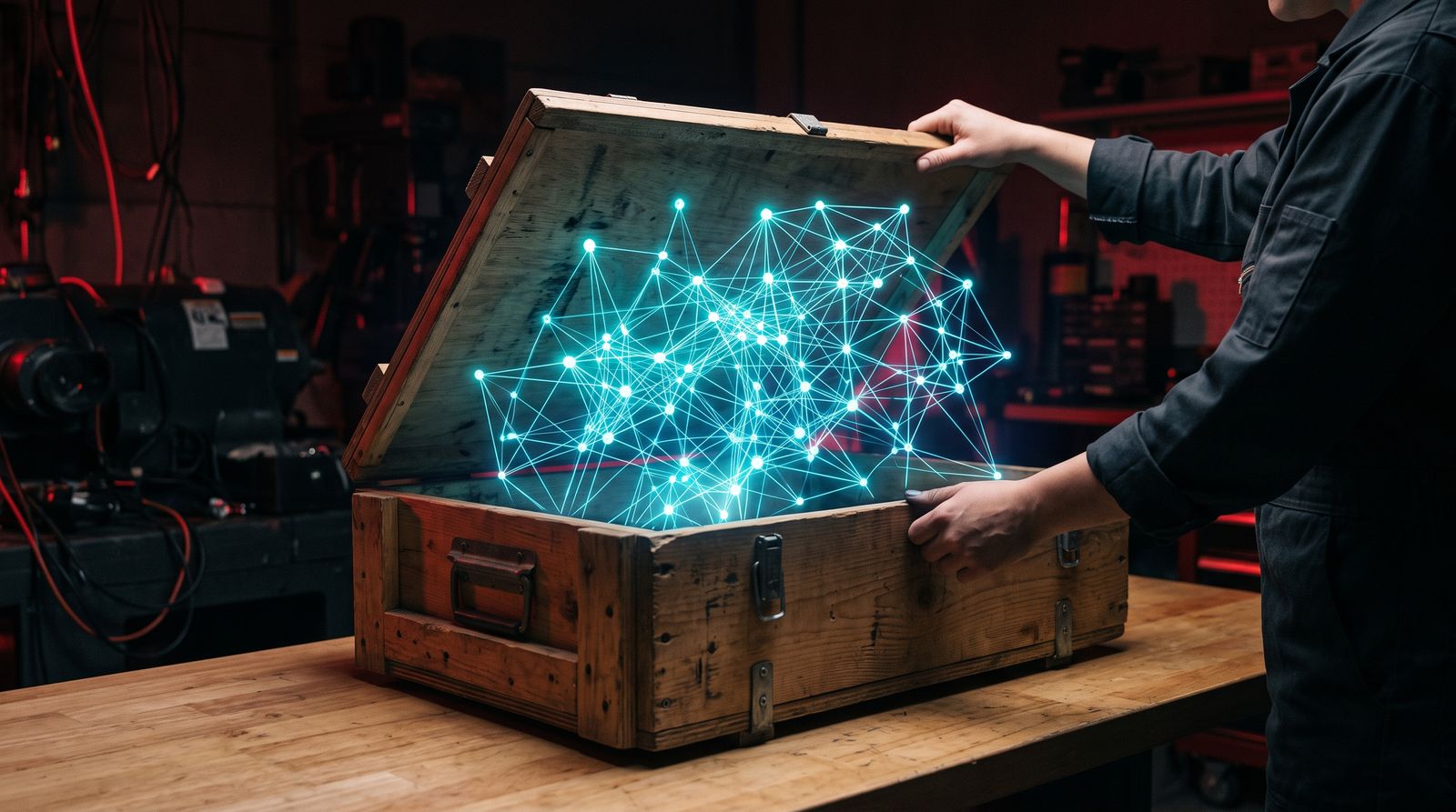 Open crate revealing a glowing neural network lattice, symbolizing an open-weights AI model release