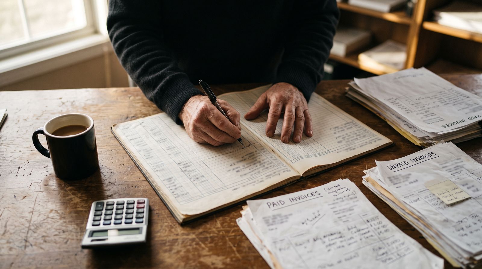 Overhead view of hands working through a paper ledger and stacks of invoices on a wooden desk