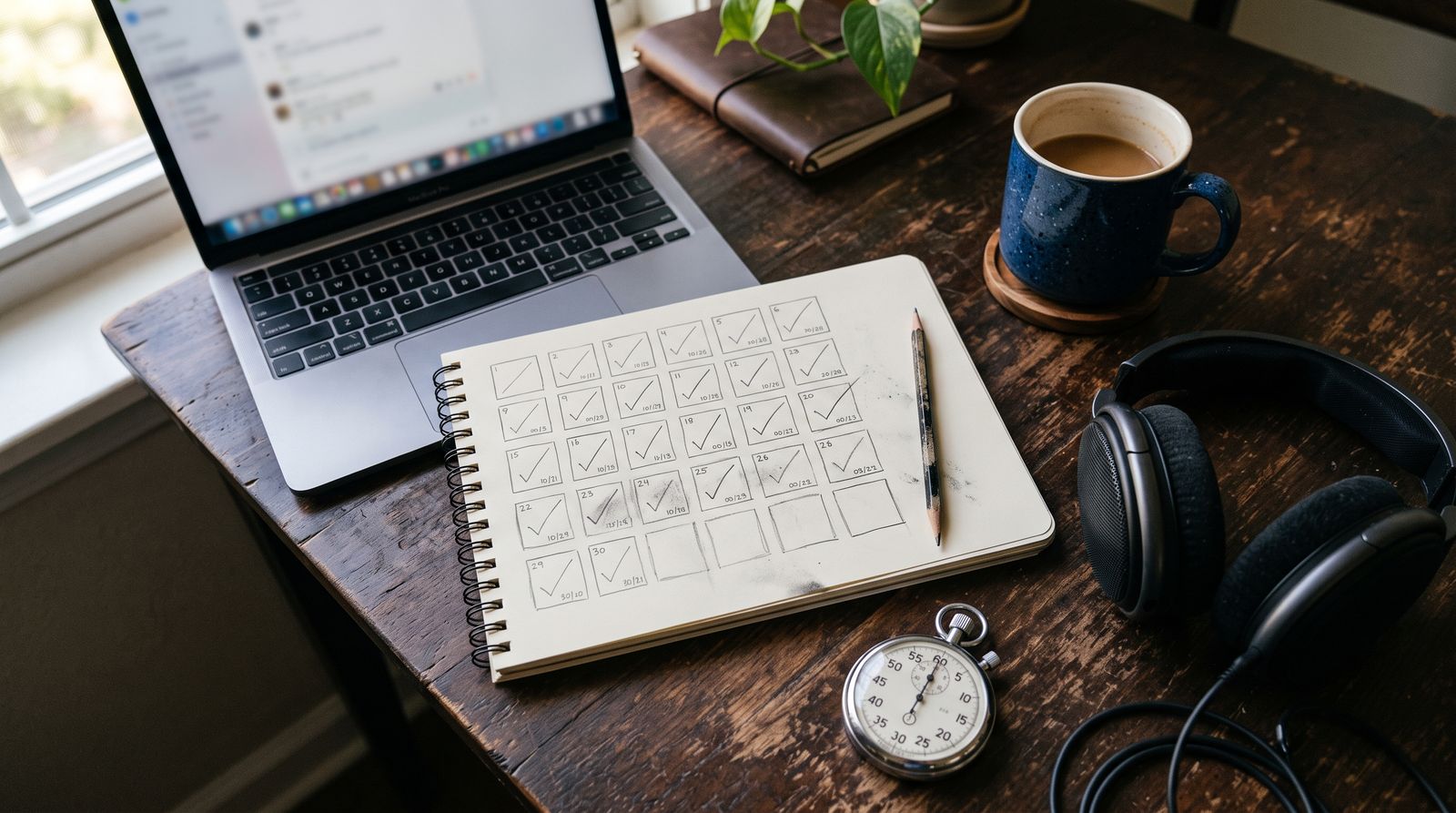 Desk with a 30-day practice grid notebook, stopwatch and headphones