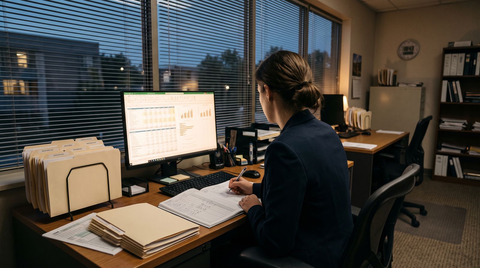 An anonymous accountant works late at a paper-covered desk lit by a glowing monitor, evoking a profession being reshaped by AI