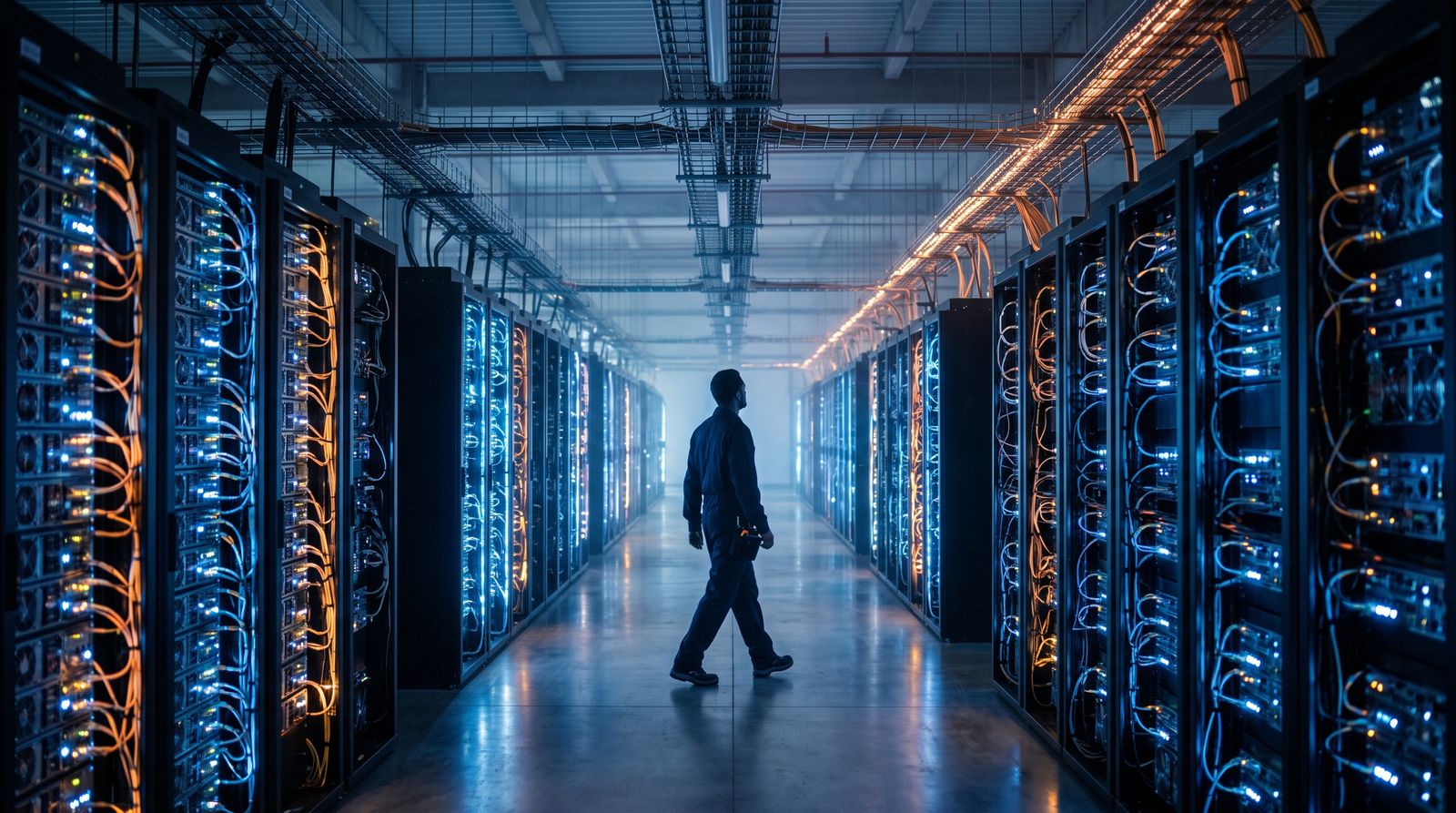 Rows of illuminated server racks inside a large AI data center, symbolizing cloud infrastructure for open-source AI models