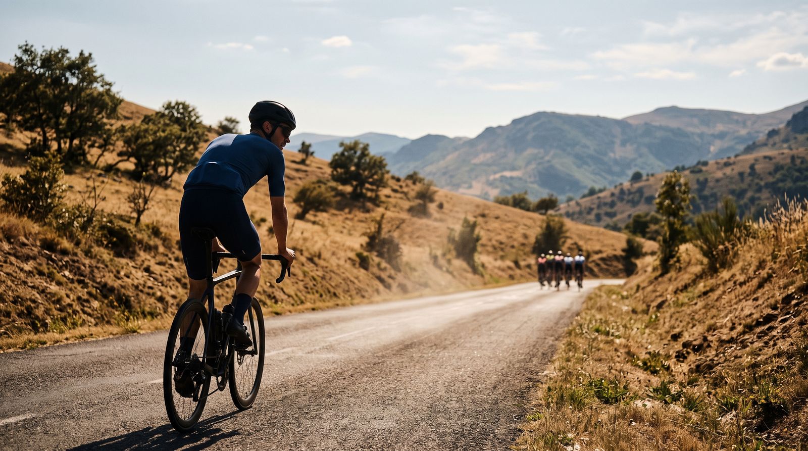 A lone cyclist climbs a heat-hazed mountain road ahead of distant chasers