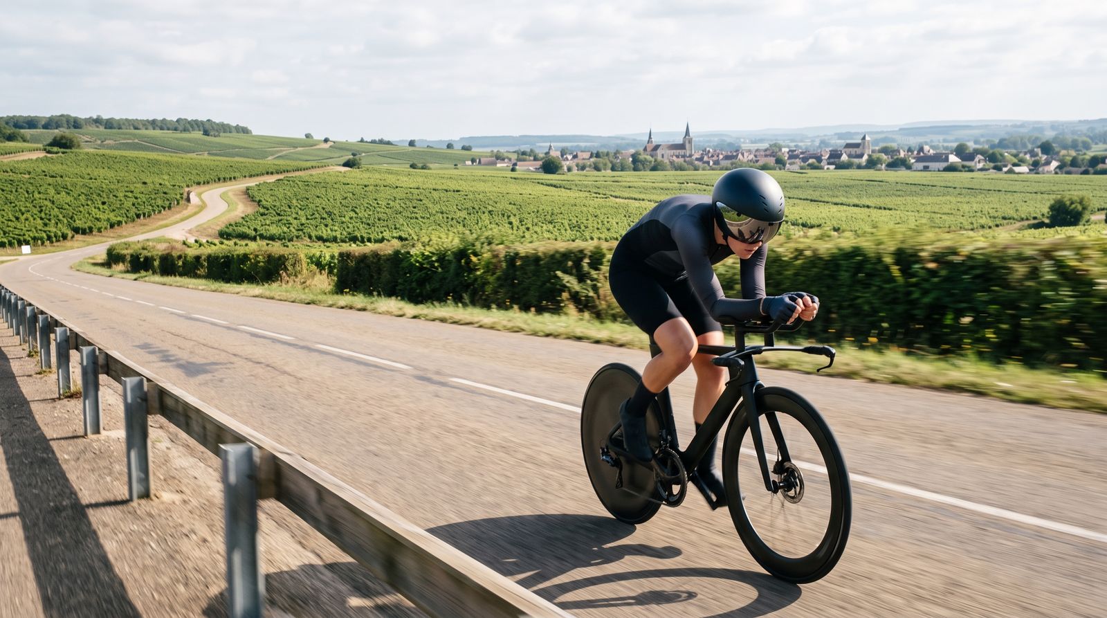 A solo time-trial cyclist riding a flat road through vineyard country