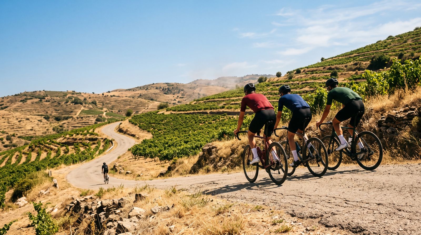 Three lead cyclists crest a vineyard climb while a lone rider trails far behind