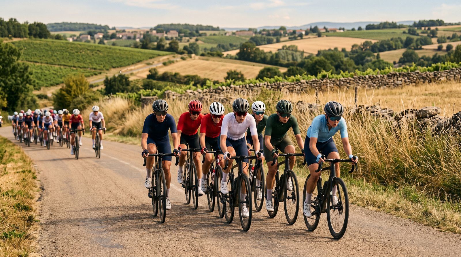 A small group of women cyclists races ahead of a chasing bunch on a hot rural road