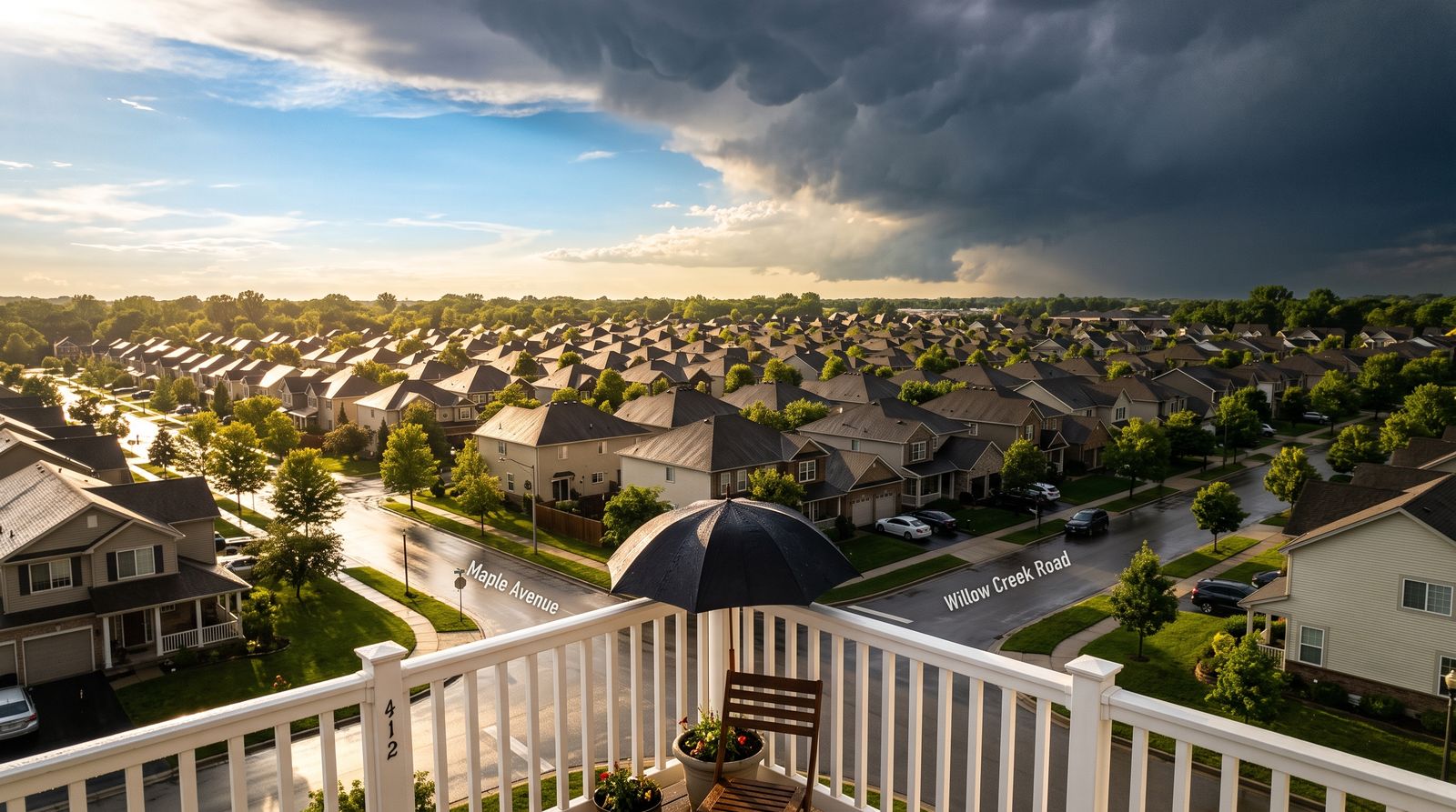Suburban neighborhood under a clearing storm sky with a closed umbrella on a porch