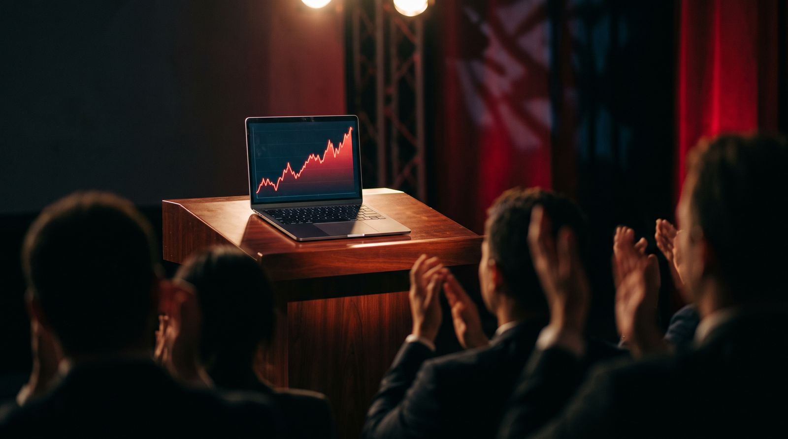 Laptop on a podium in front of a rising red stock chart
