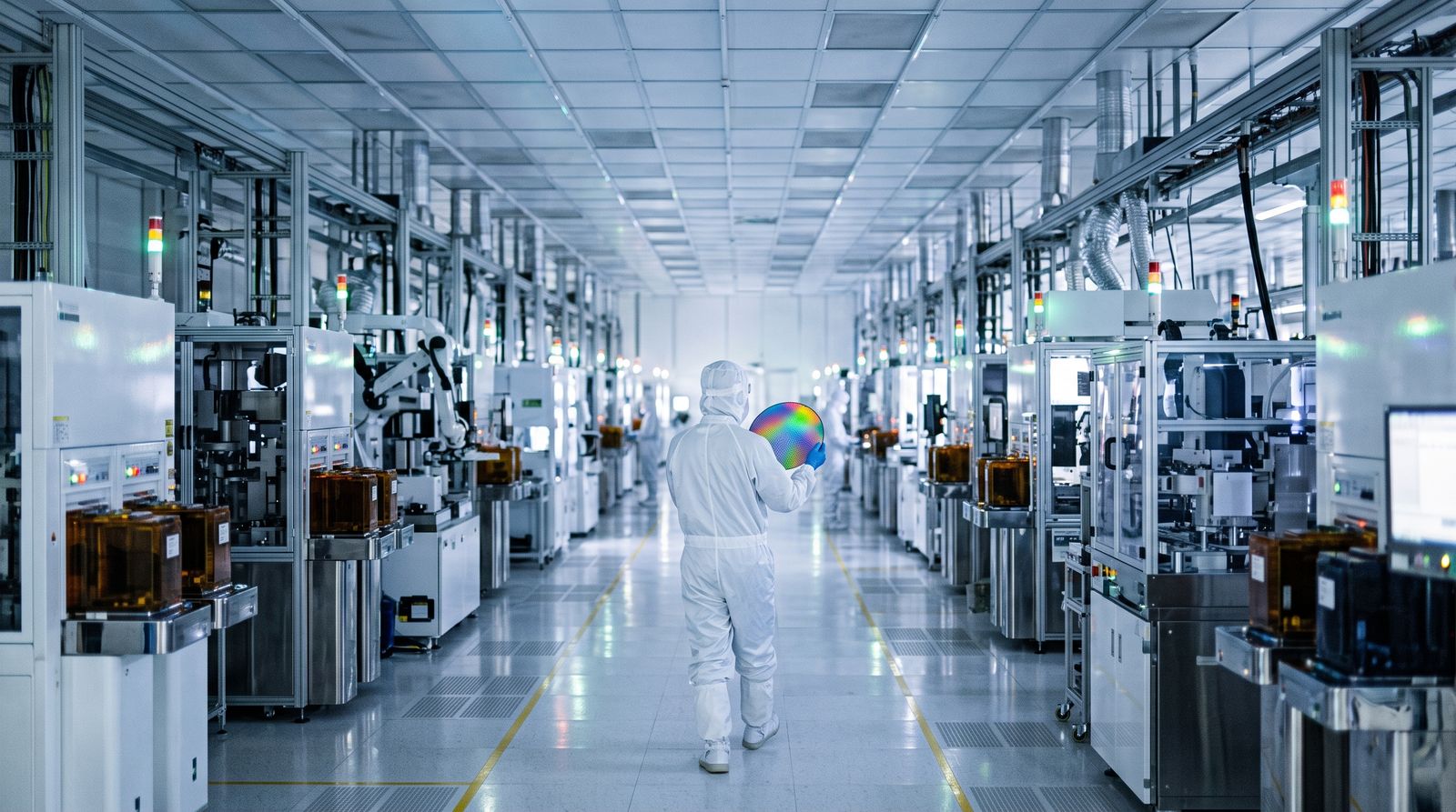 Engineer in cleanroom suit holding an iridescent silicon wafer inside a chip fab