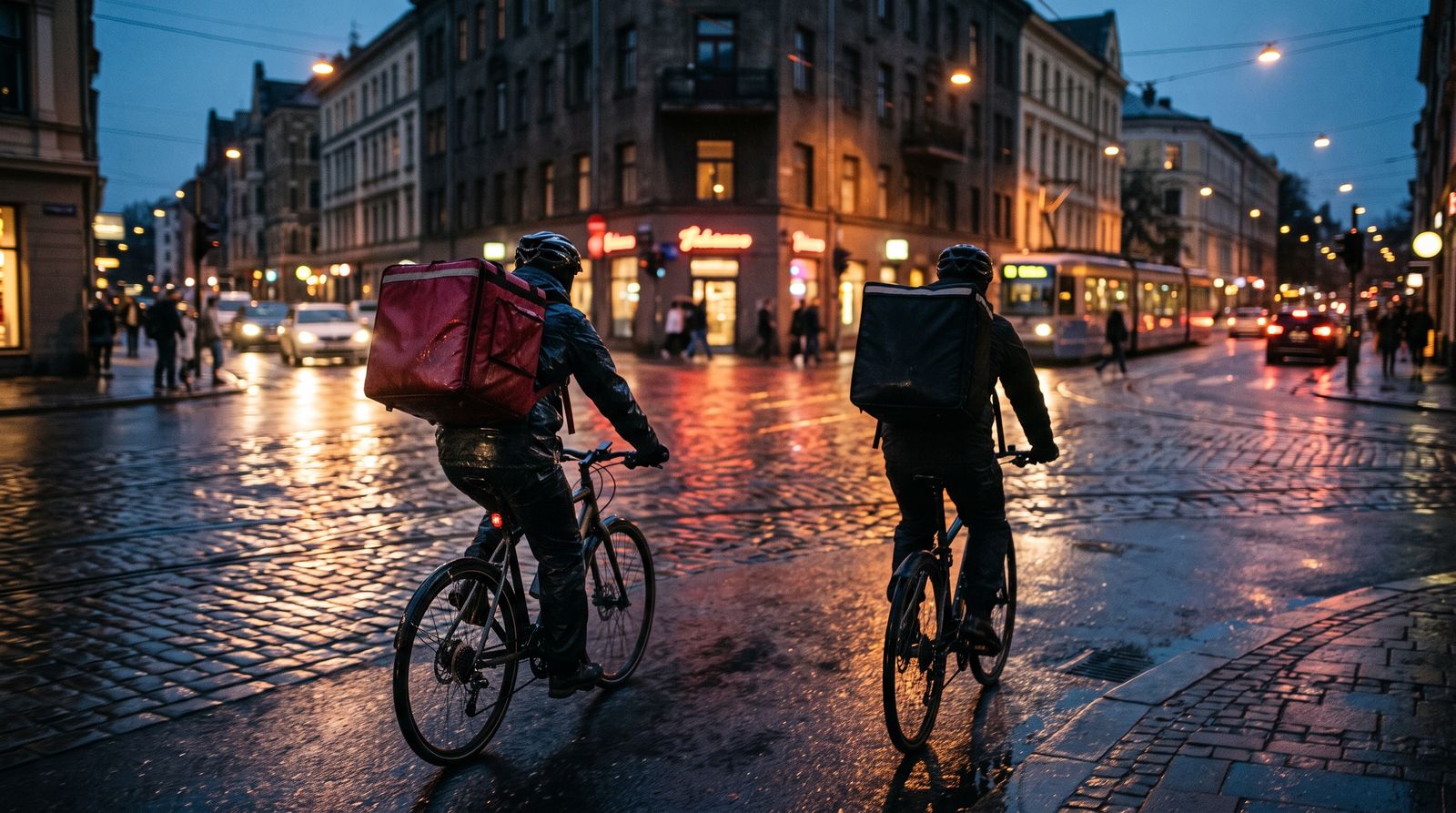 Two food delivery couriers converging on a city street at dusk