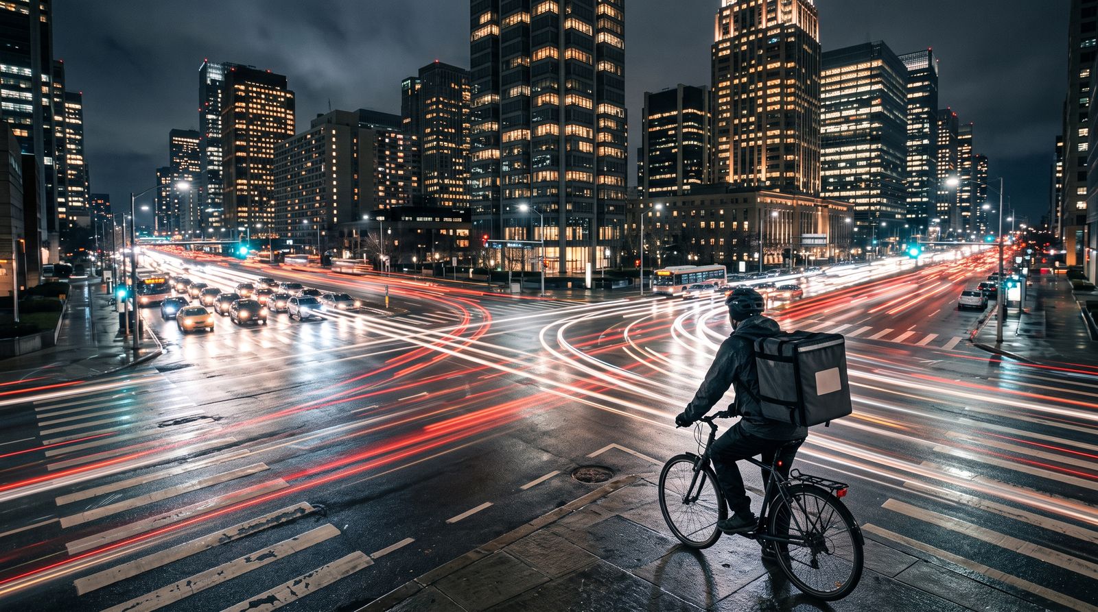 Elevated night view of a busy city intersection with vehicle light trails and an anonymous bicycle courier with a plain insulated backpack waiting at the crosswalk