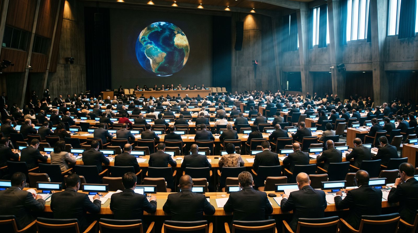 Delegates fill a vast assembly hall beneath a glowing globe projection during an AI governance summit