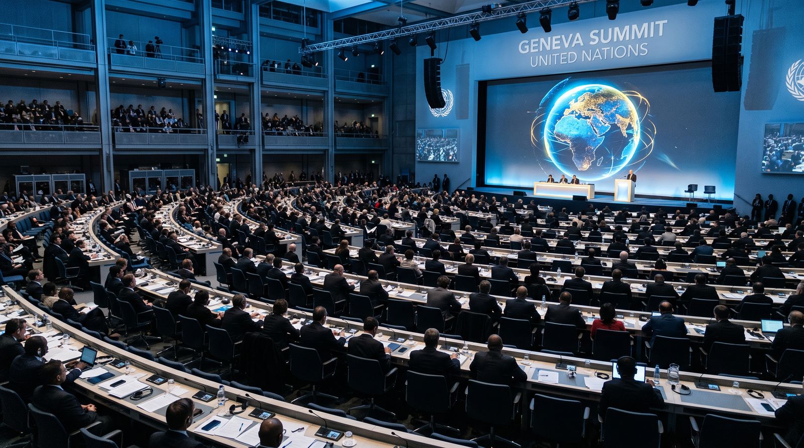 Delegates fill a vast international conference hall beneath a glowing globe projection
