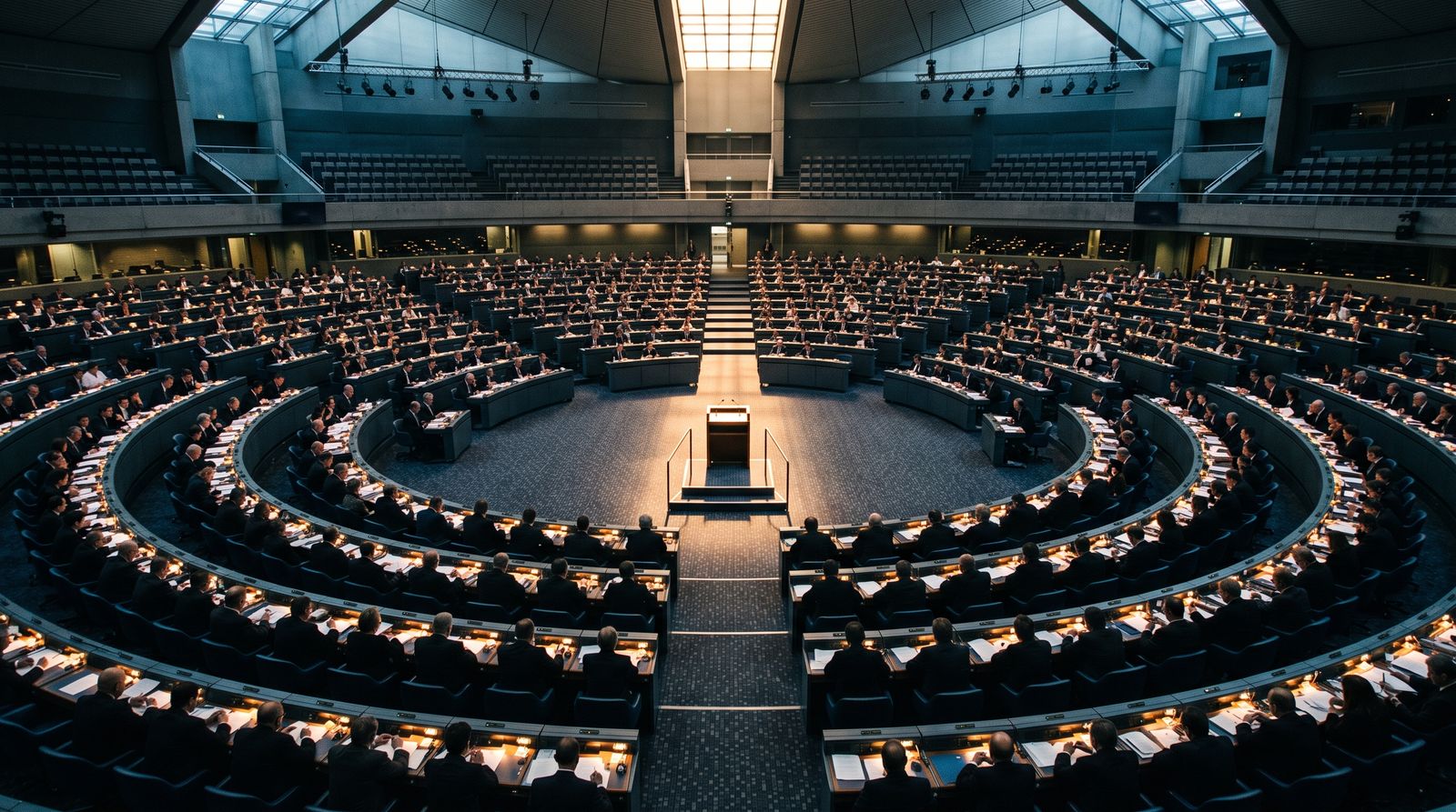 Anonymous delegates in a vast international assembly hall with an empty lit podium