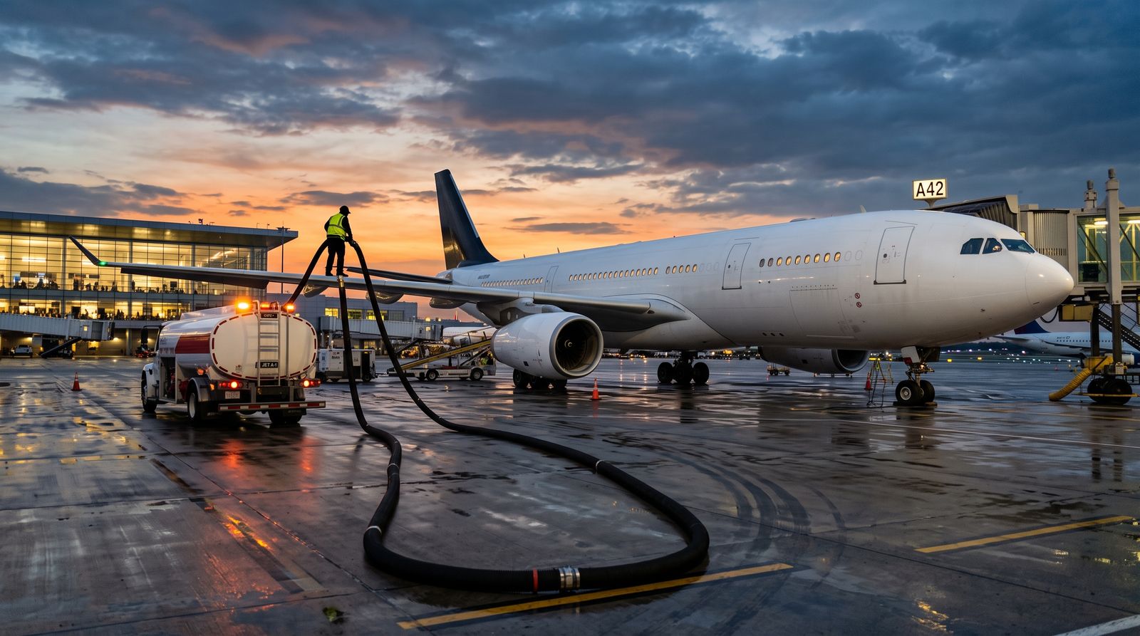 Fuel tanker truck refueling a wide-body jet at dusk
