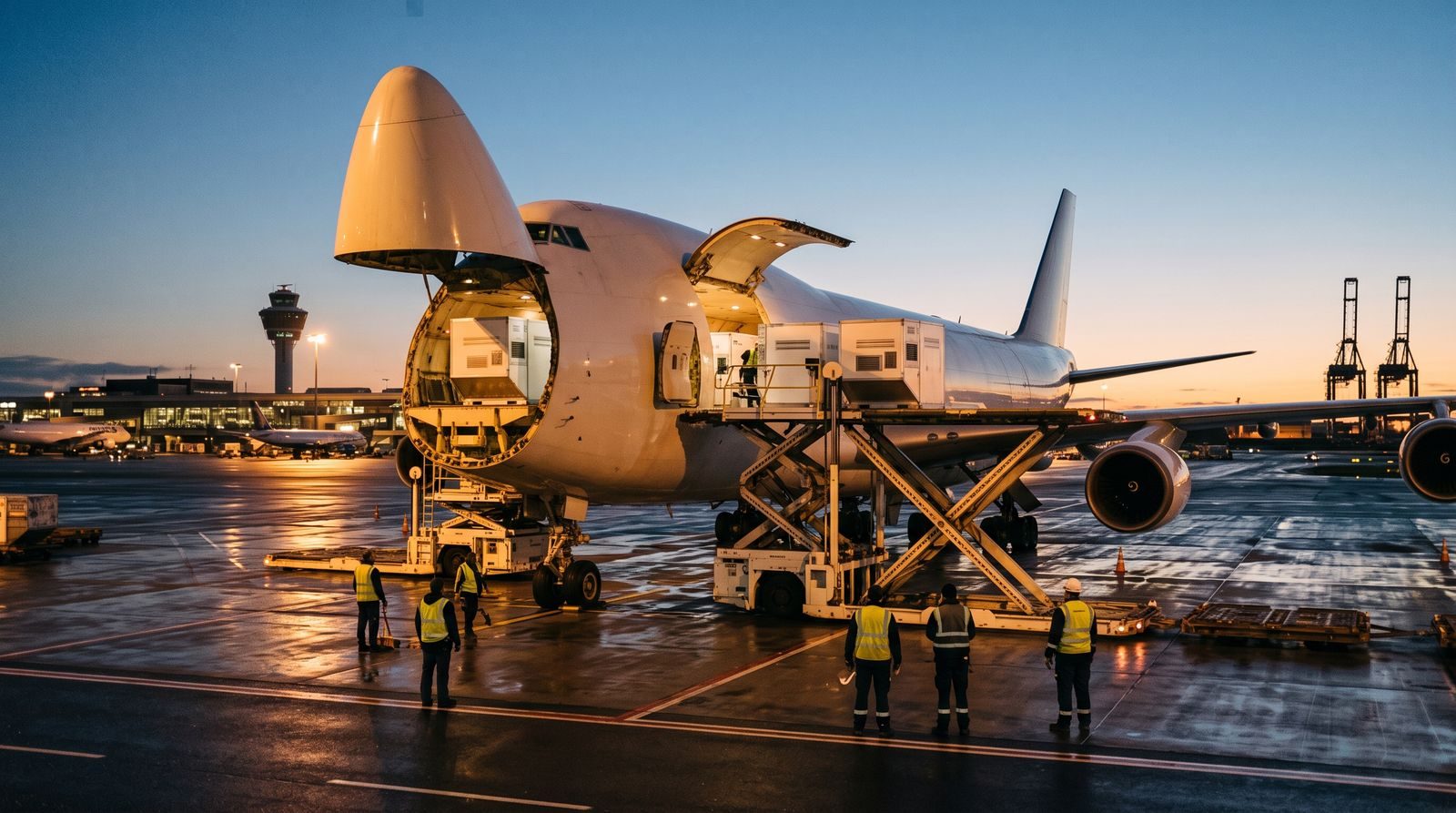 Cargo freighter being loaded with temperature-controlled pharmaceutical containers at an international air hub at dusk