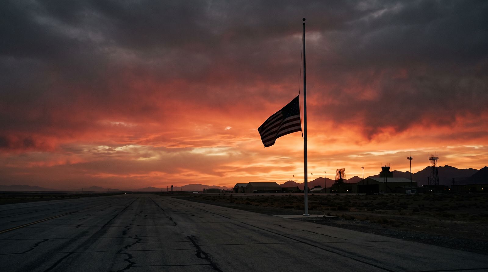 US flag at half-mast over a desert airbase at dawn