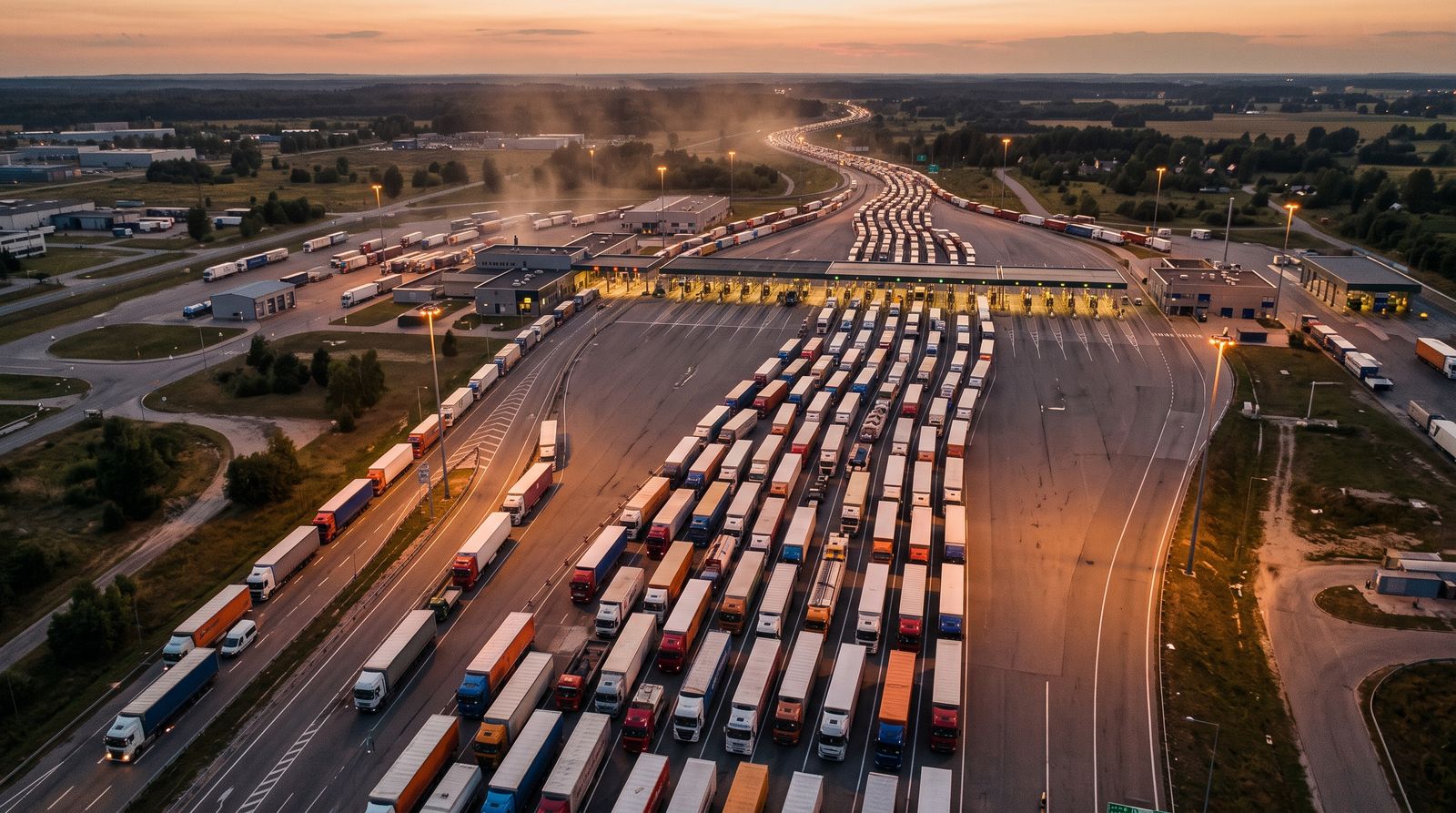 Freight trucks queued at an international border crossing at dusk