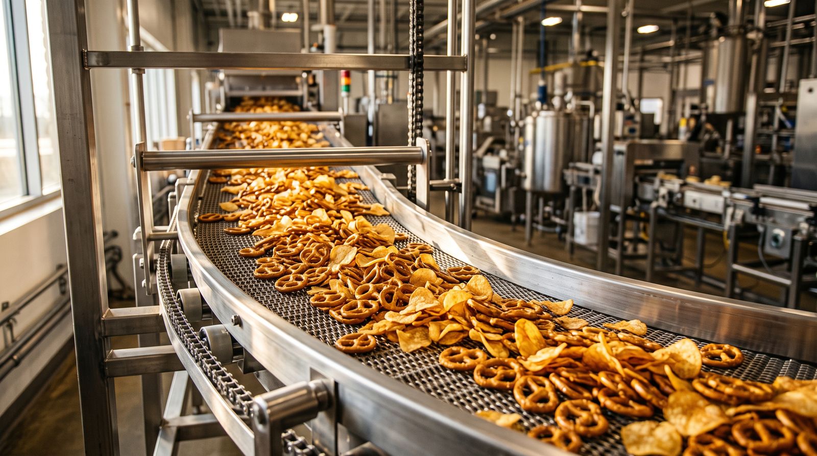 Pretzels and potato chips on a snack factory conveyor line