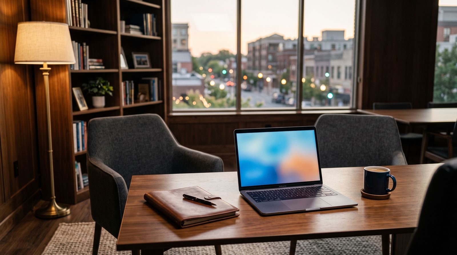 Empty financial advisor's office at dusk with a desk, laptop and two client chairs