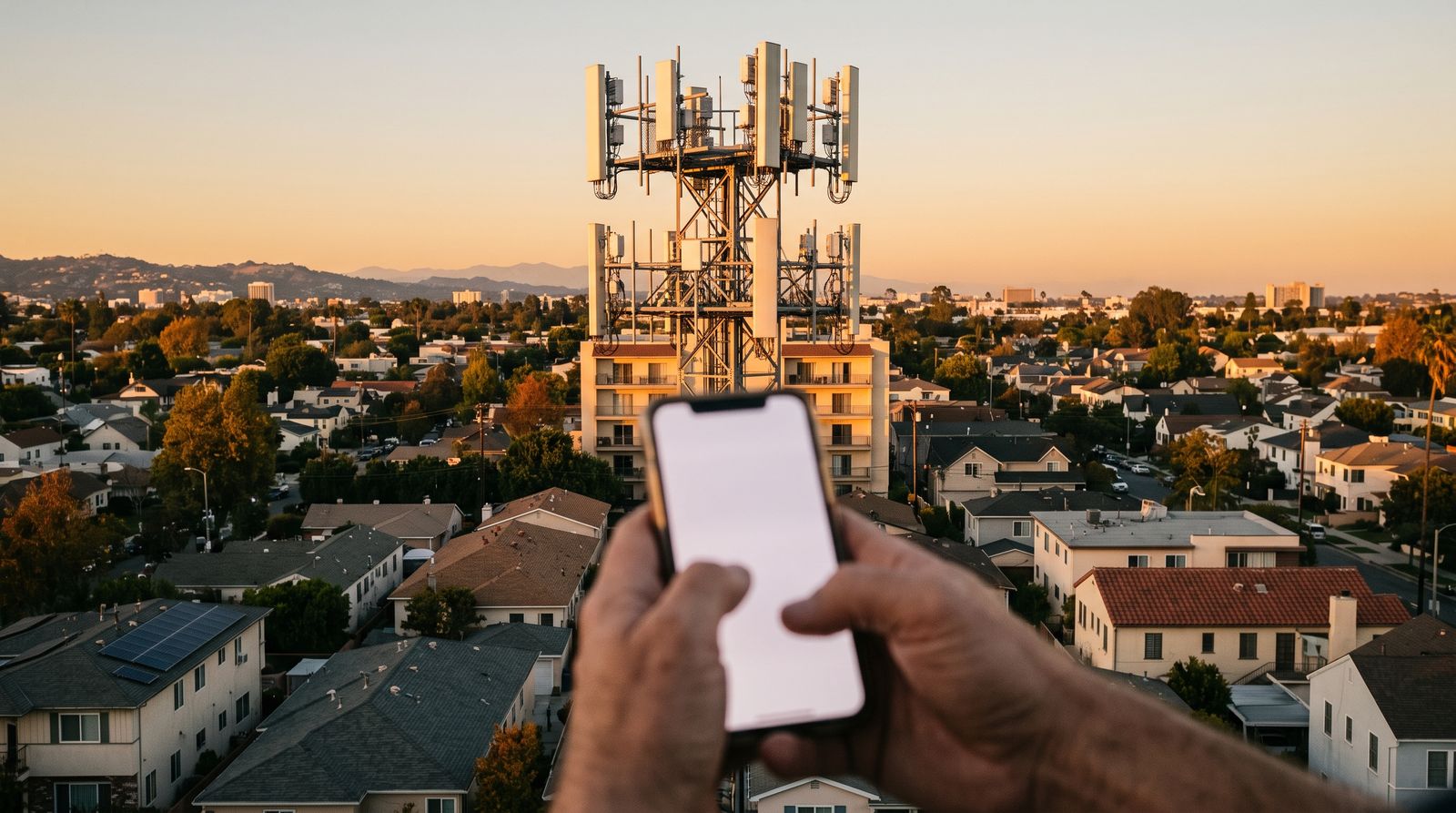 Cellular tower antennas above suburban rooftops at sunset