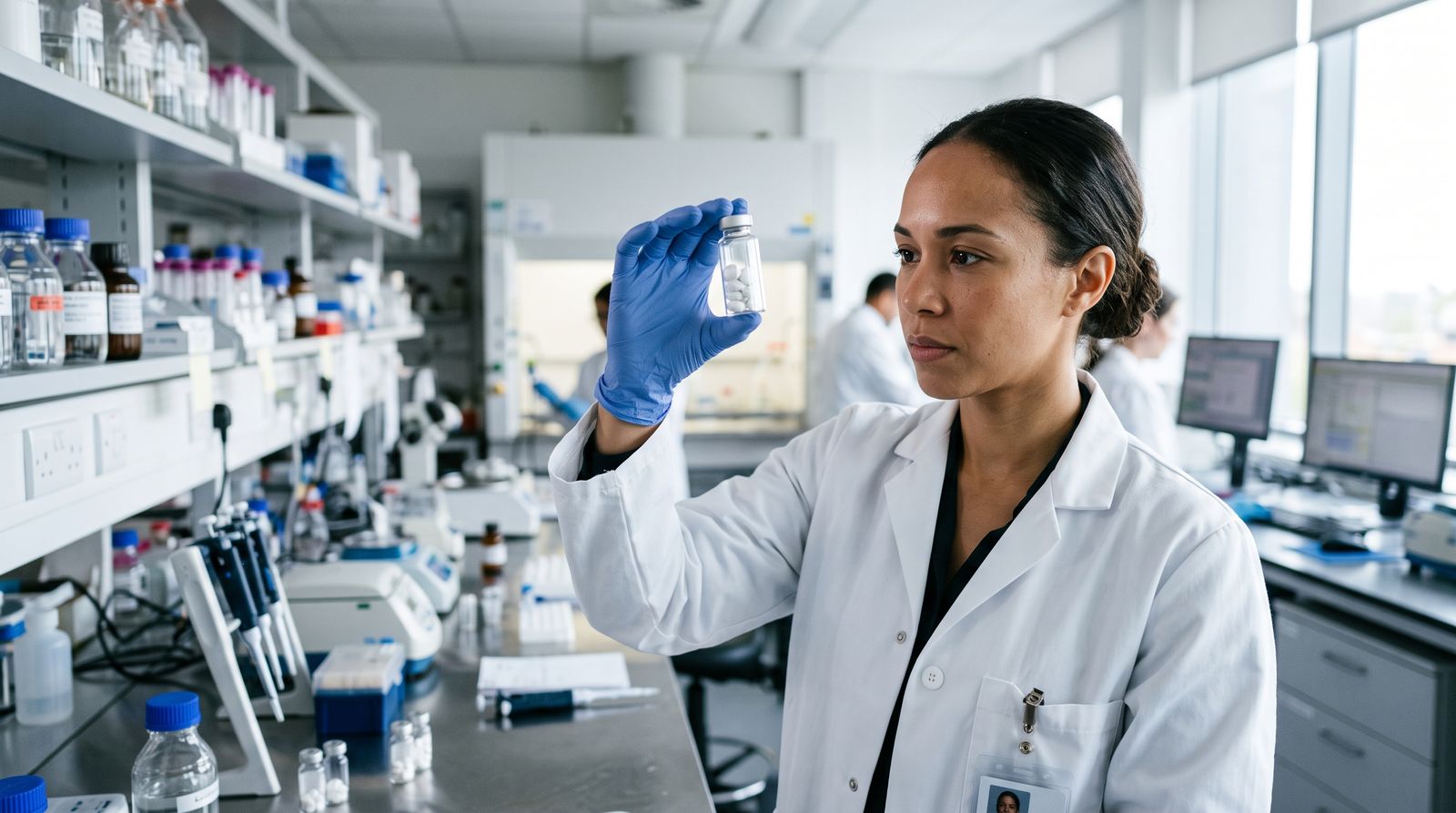 A scientist in gloves examines a vial of white oral tablets in a modern pharmaceutical laboratory
