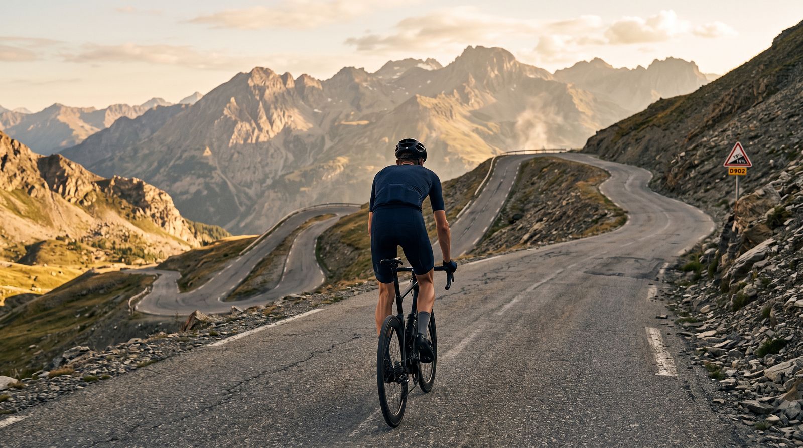 Lone cyclist climbing an empty alpine switchback at golden hour