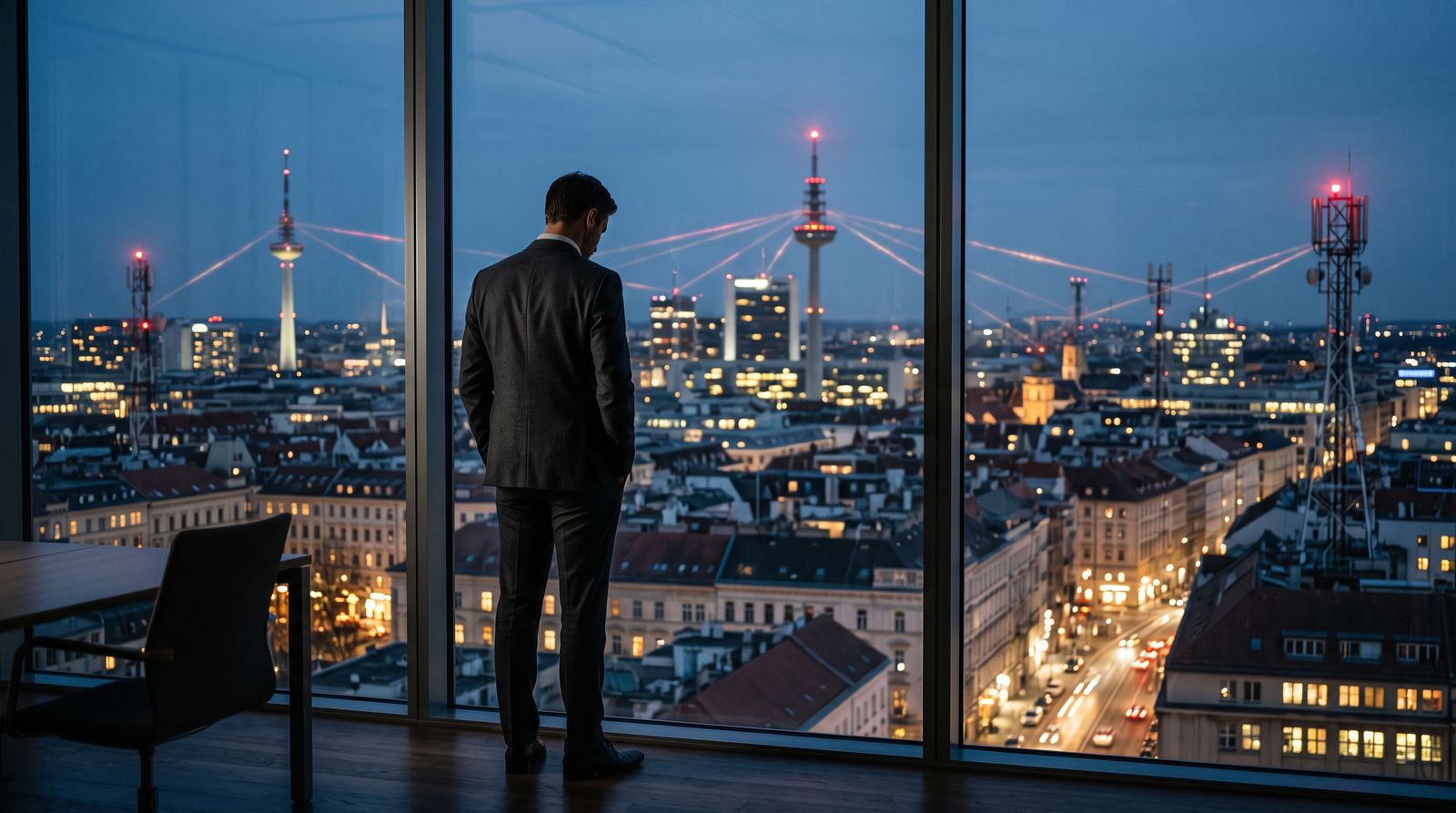 A lone executive seen from behind looks out over a European city skyline dotted with glowing telecom towers connected by faint red network lines