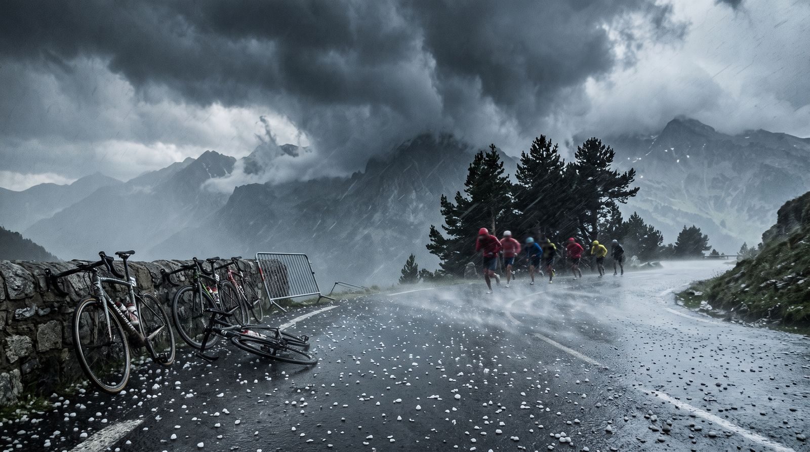 Hailstorm sweeping a Pyrenean mountain road with abandoned race bikes