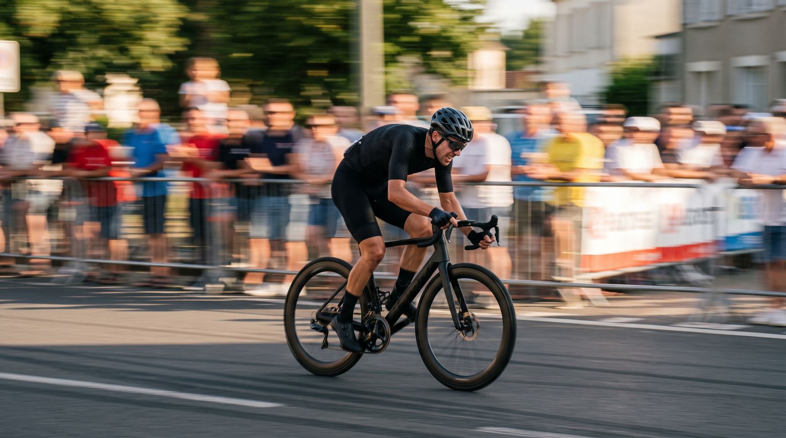 Road cyclist sprinting at full speed past a motion-blurred crowd