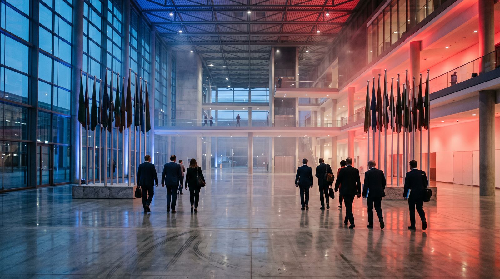 Two clusters of flags on opposite sides of an empty convention hall, delegates walking apart