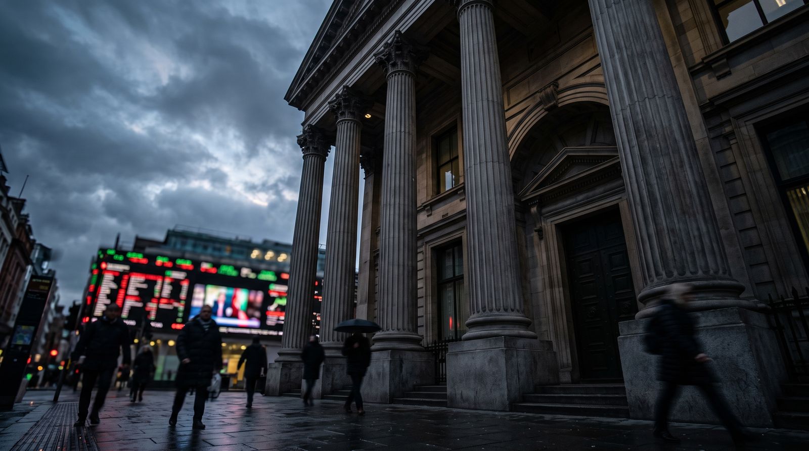 Low-angle dusk view of tall neoclassical central-bank stone columns with blurred red and green market data boards glowing behind, steel-blue and charcoal tones with red accents