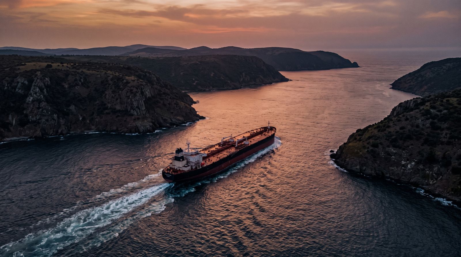 Oil supertanker crossing a narrow strait at dusk