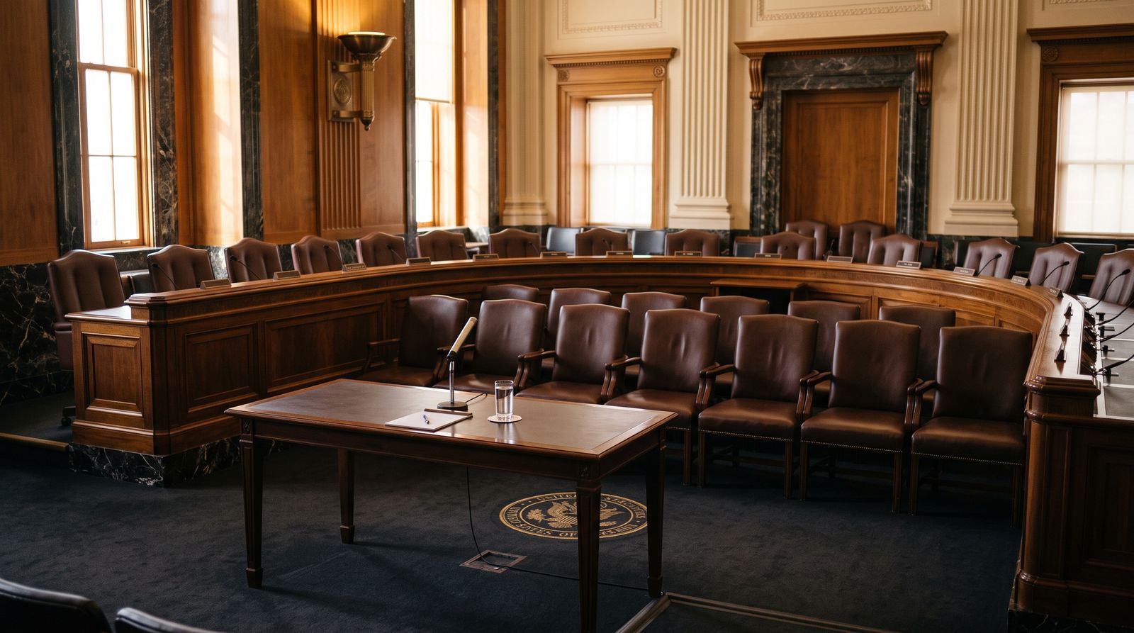 An empty Congressional hearing room with a witness table and microphone facing a raised dais before a session begins