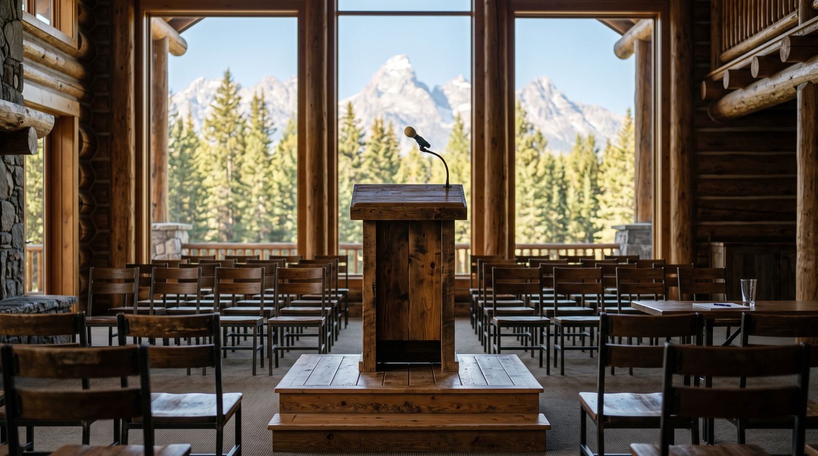 Empty lectern on a stage in a mountain lodge hall before a speech
