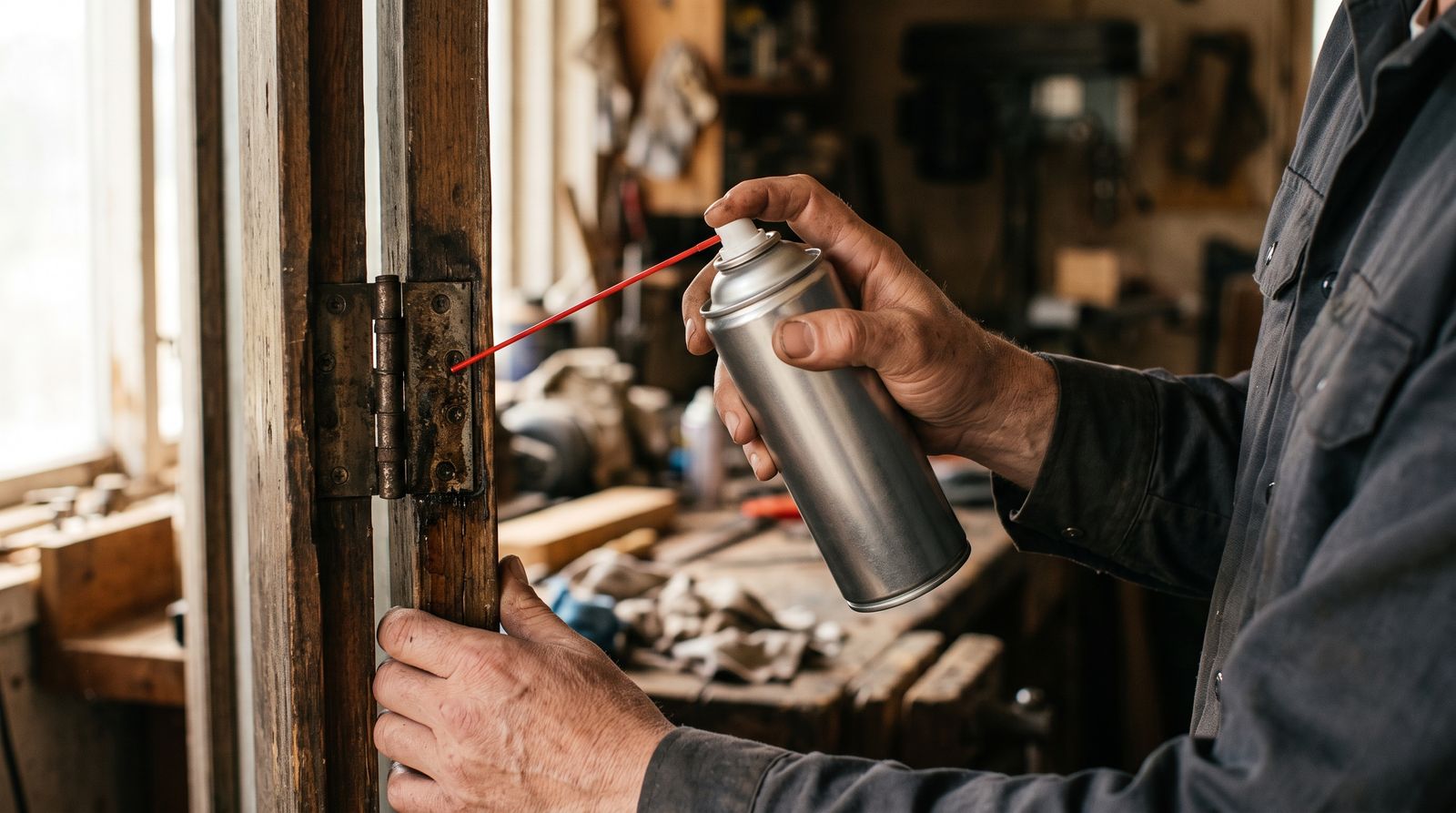 Anonymous hands spraying lubricant from an unbranded aerosol can onto a metal door hinge in a workshop