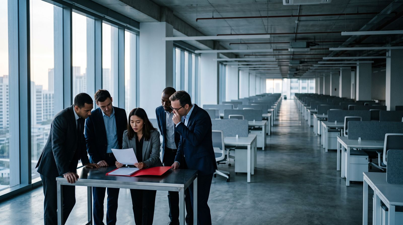 Anonymous professionals gathered around a document in a vast open-plan office at dawn