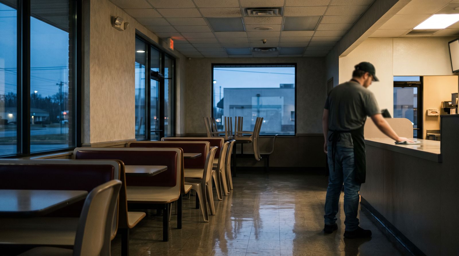 A nearly empty fast-food restaurant dining room at dusk