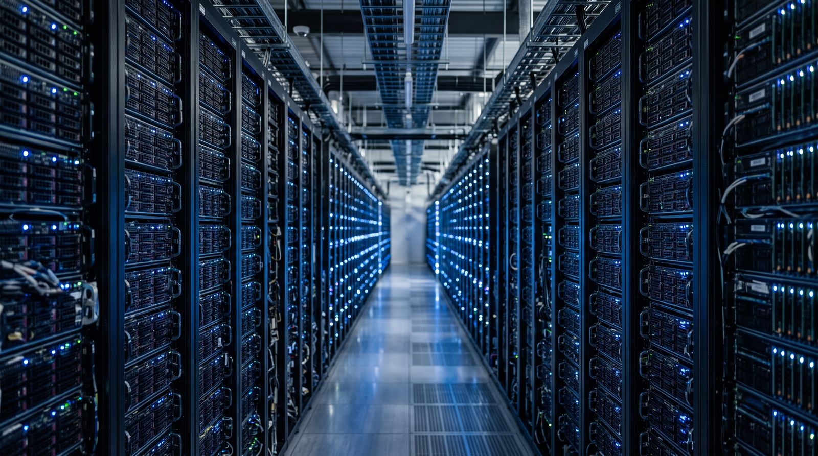 Rows of dense data-center storage racks receding into the distance under blue and white indicator lights