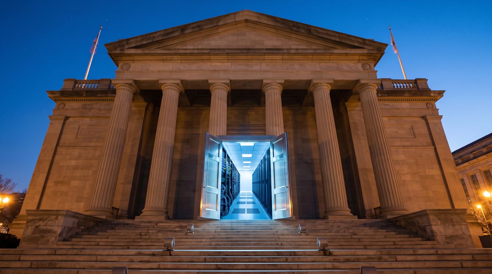 Government building opening onto a glowing data center corridor