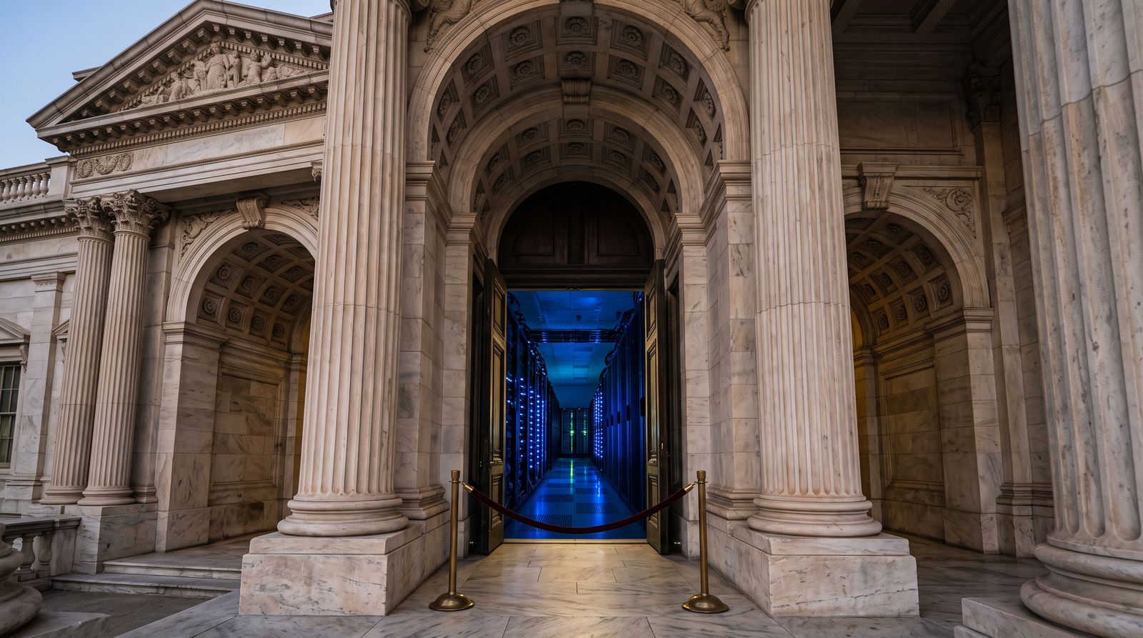 Marble government doorway with security rope opening onto a glowing data center corridor