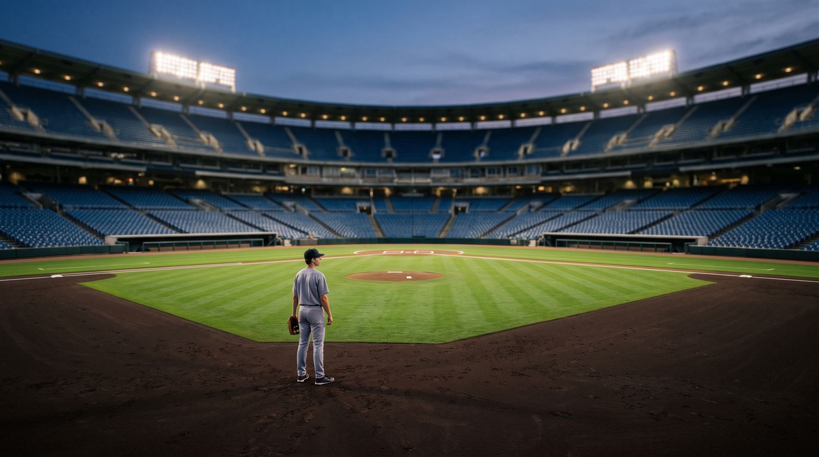 A lone young player stands at the shortstop position in an empty stadium at dusk