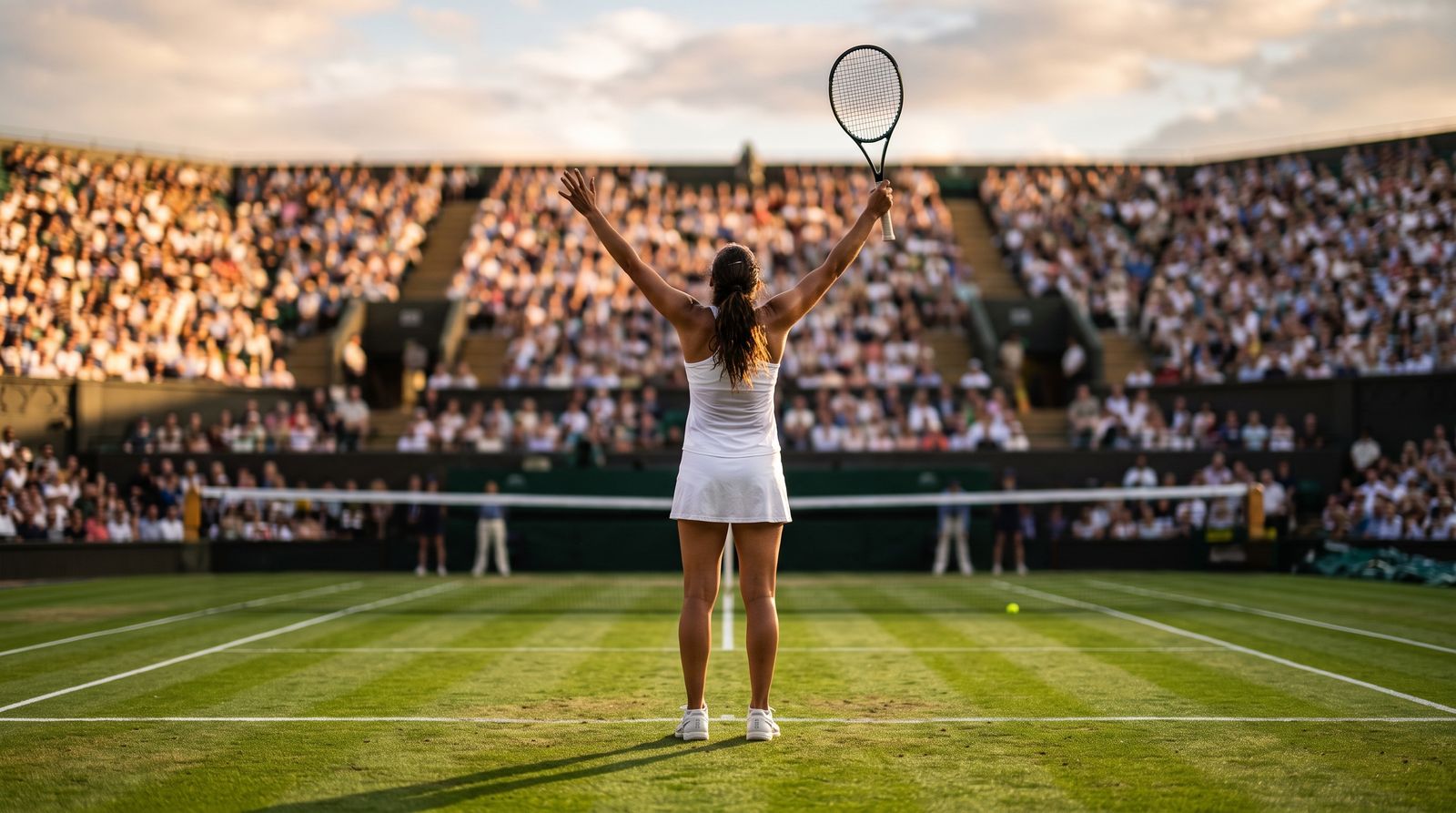 A female tennis player raising her arms in triumph on a sunlit grass championship court, seen from behind.